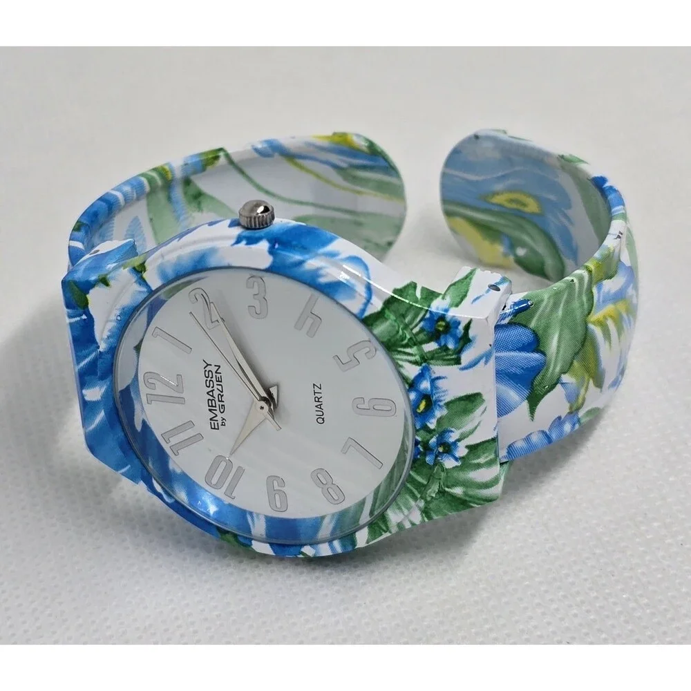 Women's Embassy by Gruen Trendy Floral Blue Green Cuff Bracelet Watch 11 - Picture 6 of 9